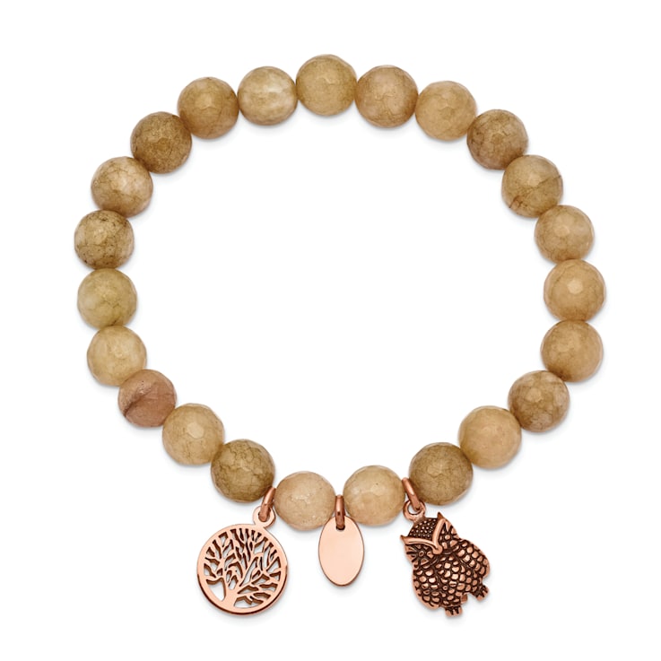 Rose Stainless Steel Antiqued and Polished Owl Taupe Dyed Jade Bracelet