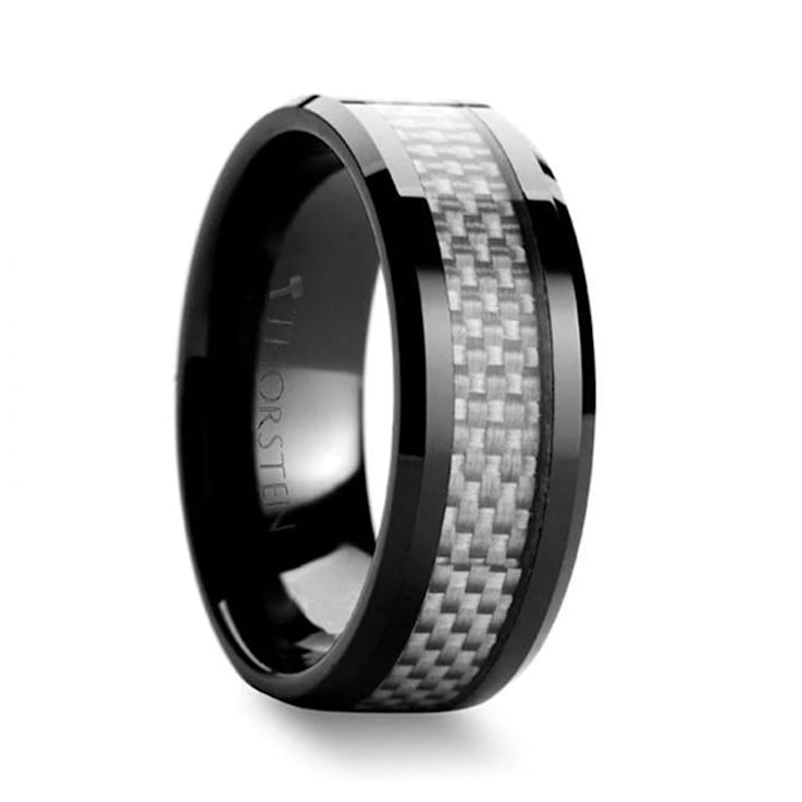 MYSTIQUE Beveled White Carbon Fiber Inlaid Ceramic Ring 8mm