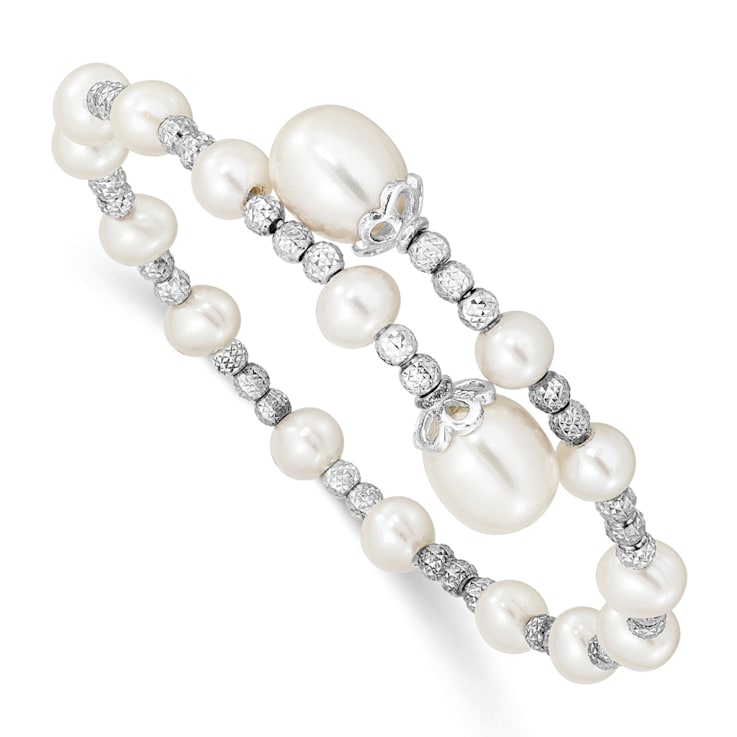 Rhodium Over Sterling Silver 5-6mm and 8mm White Freshwater Cultured
Pearl Coil Bangle