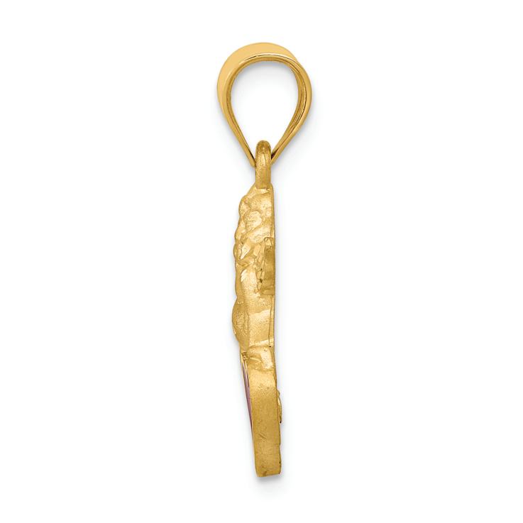 14k Yellow Gold Satin and Diamond-Cut Angel on Red Enameled Heart Pendant