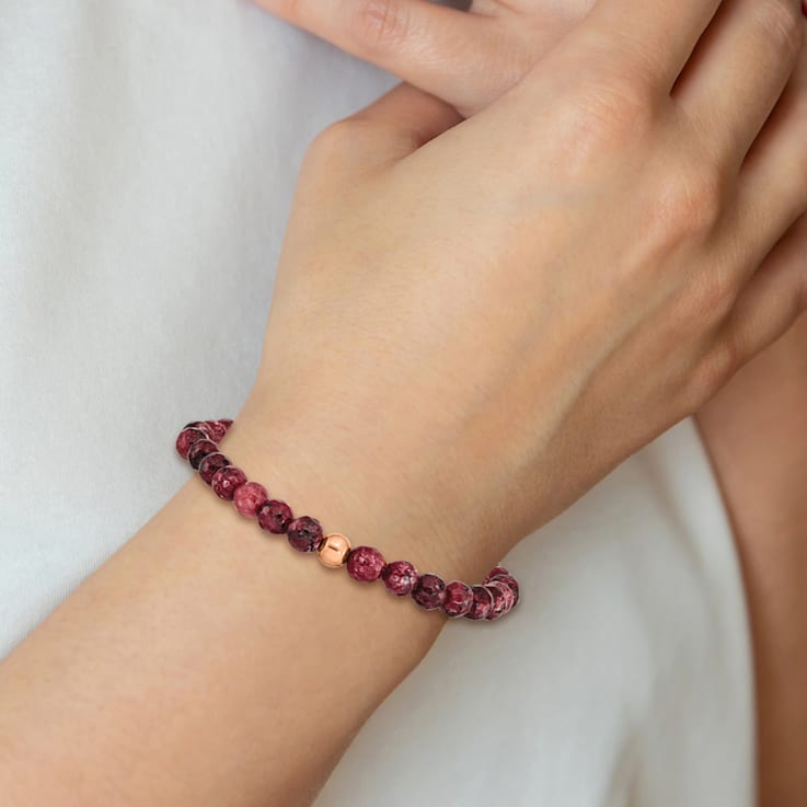 Rose Stainless Steel Polished Red Jade Stretch Bracelet