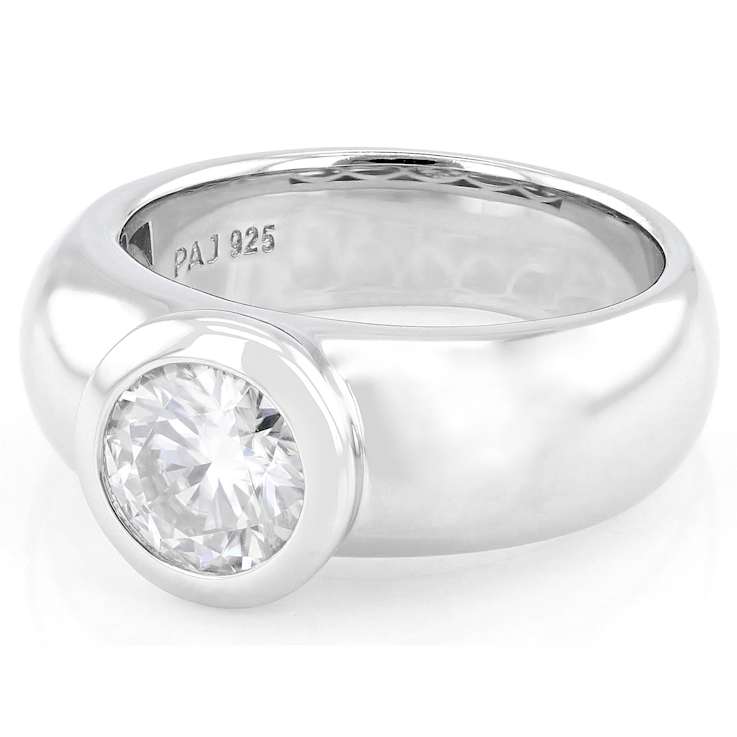 Bezel Set Moissanite Wide Band Solitaire Ring In Platinum-Enhanced
Sterling Silver