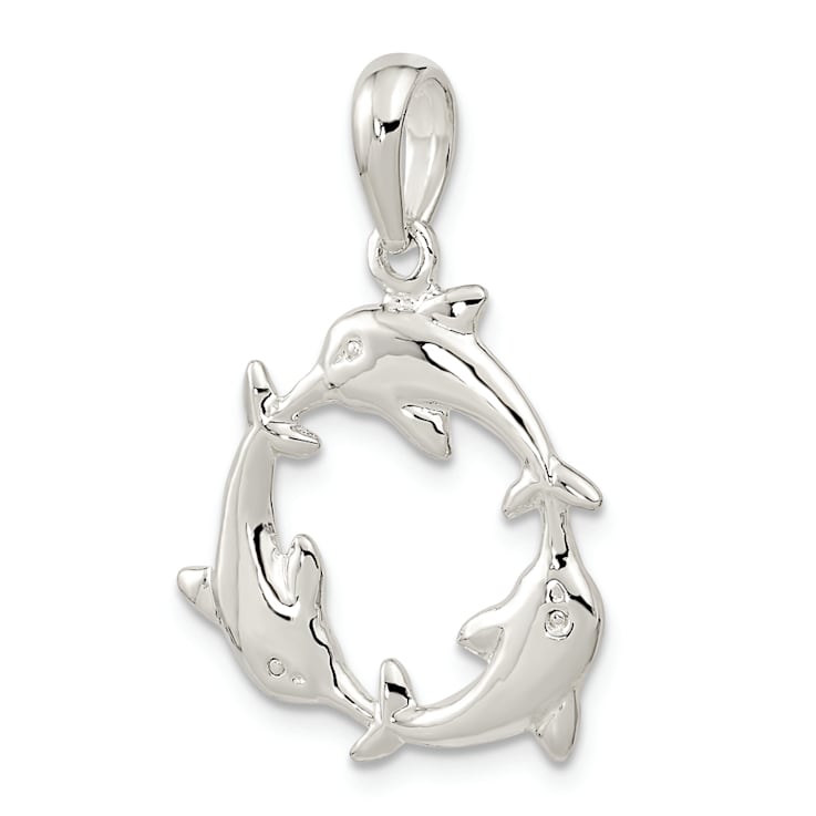 Rhodium Over Sterling Silver Polished 3 Dolphin Circle Pendant