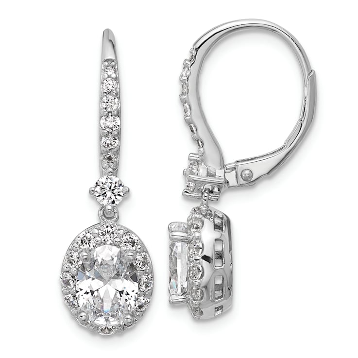 Rhodium Over Sterling Silver Oval Cubic Zirconia Halo Dangle Leverback Earrings