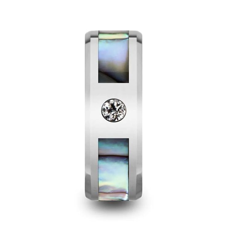HONOLULU Mother of Pearl Inlay Tungsten Carbide Ring with Beveled Edges
and White Diamond 8mm