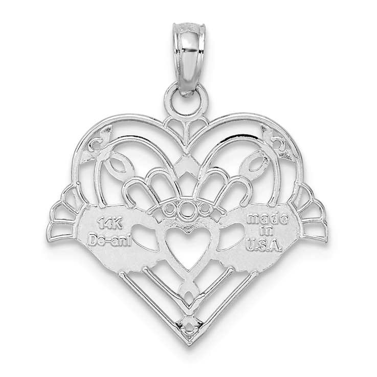 Rhodium Over 14k White Gold Polished and Textured Beaded Claddagh In
Heart Charm