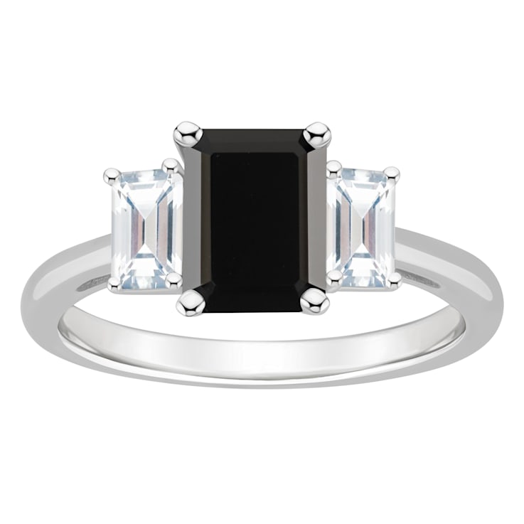 8x6mm Emerald Cut Black Onyx And White Topaz Rhodium Over Sterling
Silver 3-Stone Ring
