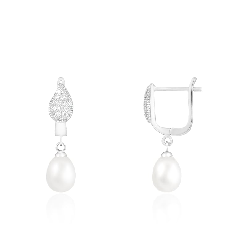 8-8.5mm White Cultured Freshwater Pearl Rhodium Over Sterling Silver Earrings