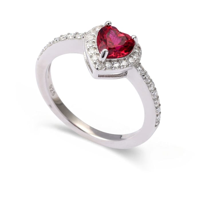 Red Lab Created Ruby Ring With Moissanite Rhodium Over Sterling Silver
Halo Heart Ring