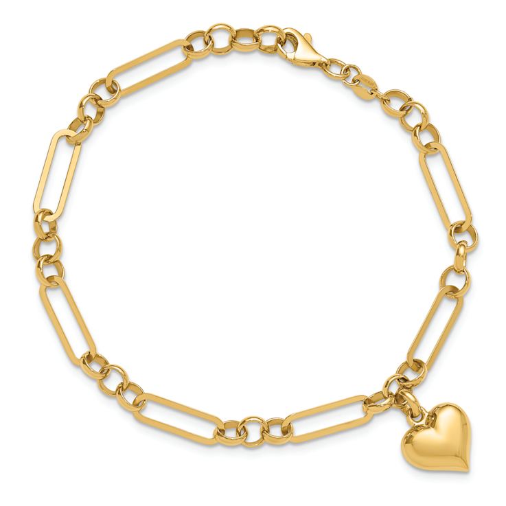 14k Yellow Gold Polished Heart Charm Link Bracelet