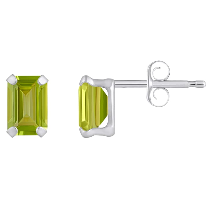 6x4mm Emerald Cut Peridot Rhodium Over 10k White Gold Stud Earrings