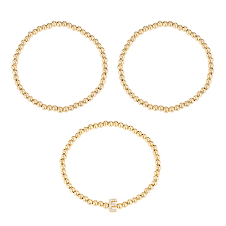 Initial E CZ Beaded Bracelet Set In 14K Gold Over Brass 0.15ctw