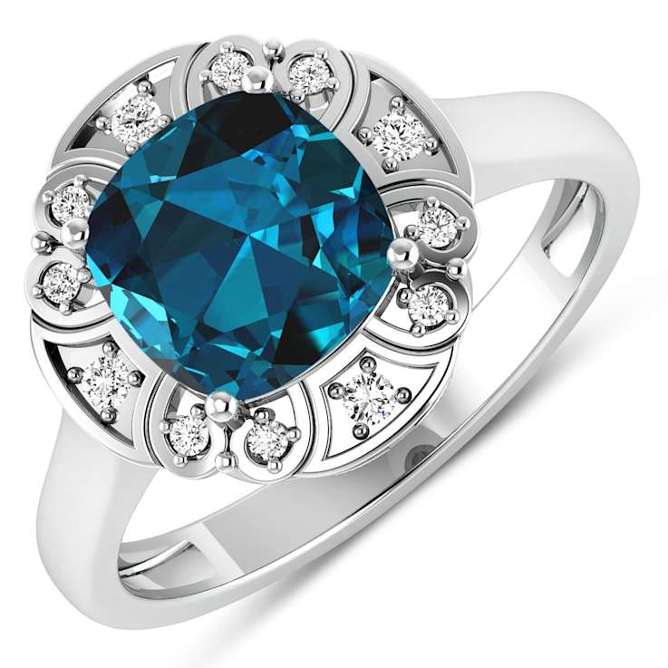 London Blue Topaz and White Diamond 14K White Gold Halo Ring 2.24 ctw