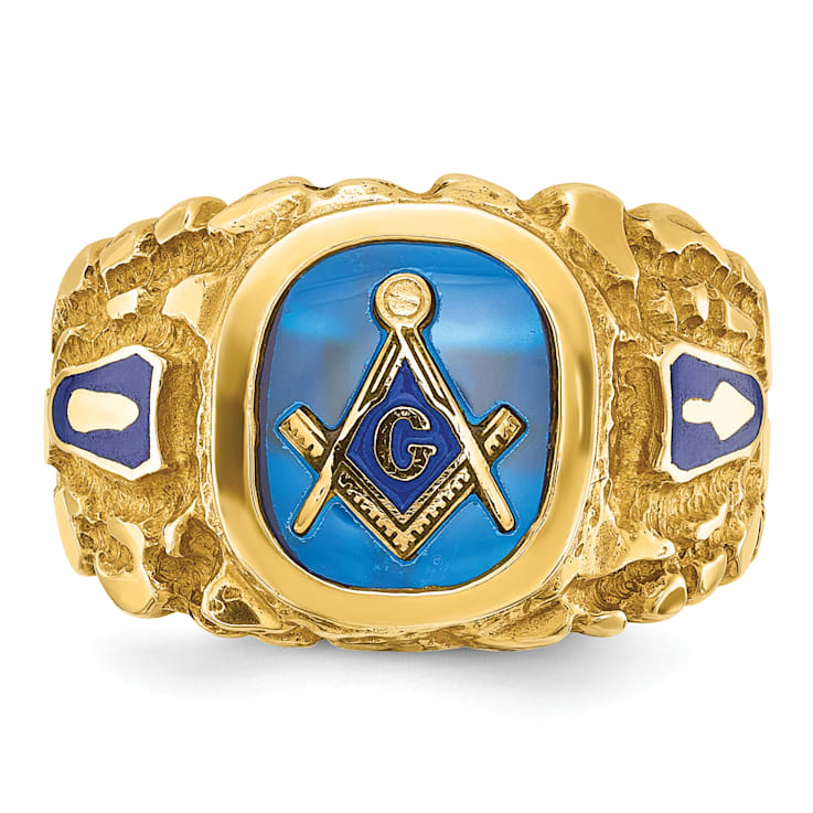 10K Yellow Gold Men's Nugget Texture and Lab Created Sapphire Masonic Ring