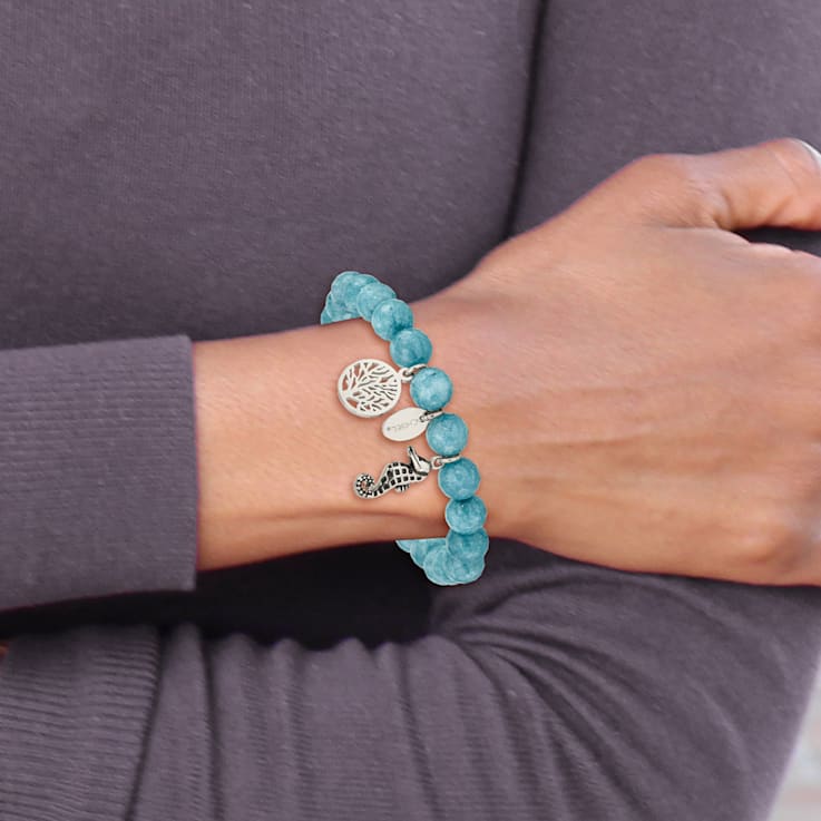 Stainless Steel Antiqued and Polished Seahorse Blue Dyed Jade Stretch Bracelet