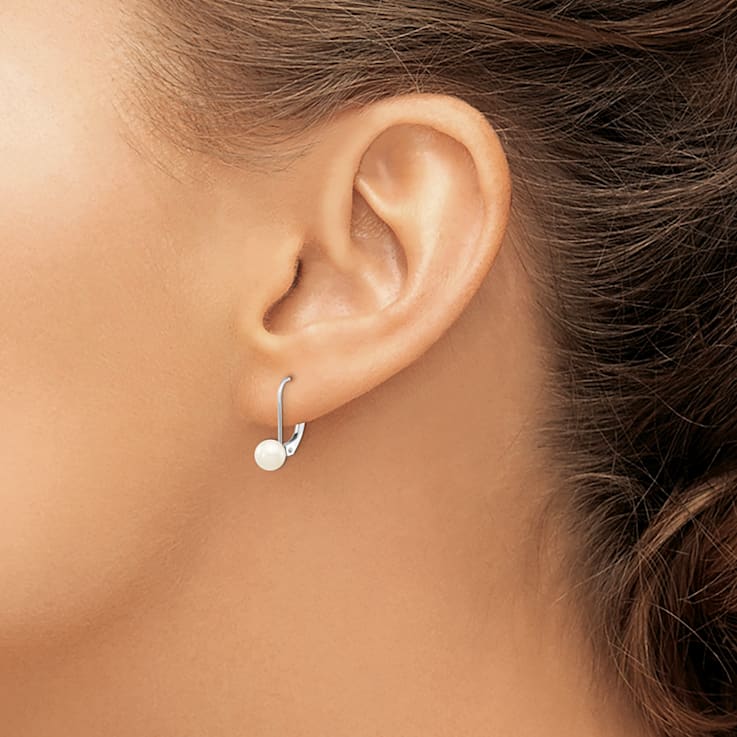 Rhodium Over 14K White Gold 5-6mm Round White Saltwater Akoya Pearl
Leverback Earrings