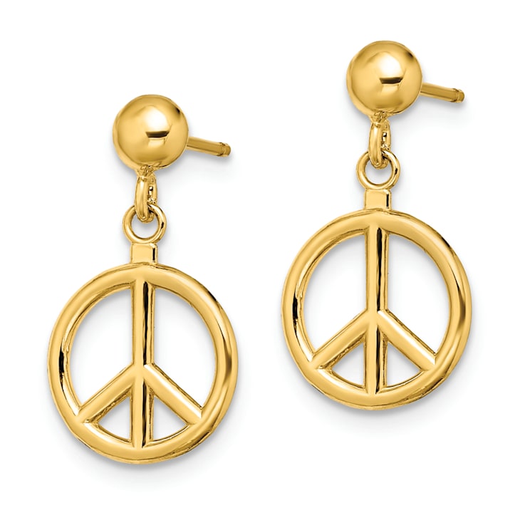 14k Yellow Gold Polished and Textured Peace Symbol Dangle Earrings