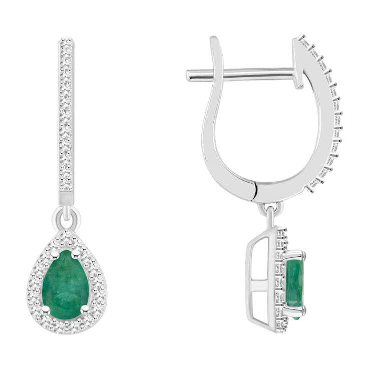 6x4mm Pear Shape Emerald 1/3 ctw Diamond Rhodium Over Sterling Silver
Halo Dangle Earrings
