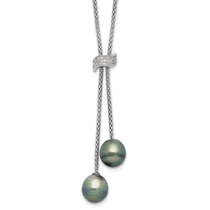 Rhodium Over Sterling Silver Tahitian Pearl/Cubic Zirconia Dangle with
2-inch Extension Necklace