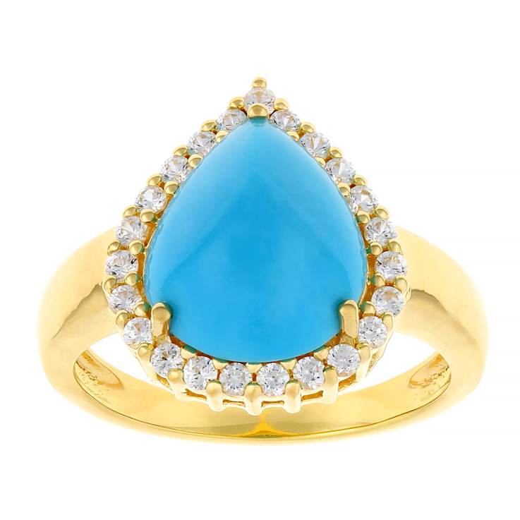 Turquoise Pear And White Zircon Ring In 18K Gold Over Sterling Silver 0.41ctw