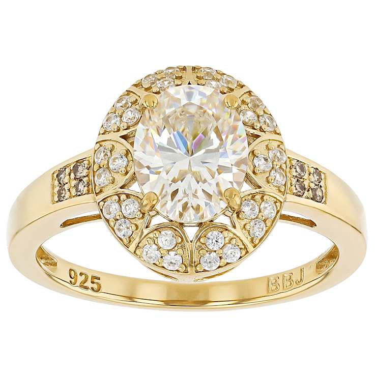 Diamond Simulant Oval, Champagne Diamond And White Zircon Ring In 18K
Gold Over Sterling Silver 2.87ctw