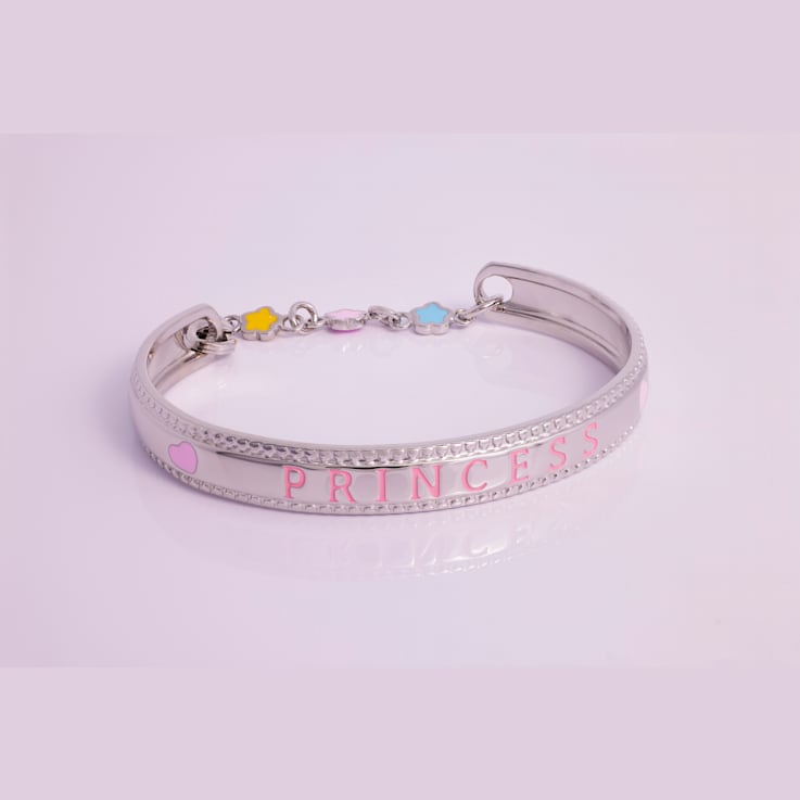 Rhodium Over Sterling Silver Enamel PRINCESS with Chain Baby Bangle
