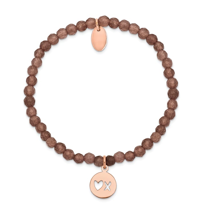 Rose Stainless Steel Polished XO Brown Jade Stretch Bracelet