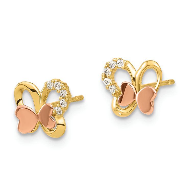14k Yellow Gold and 14k Rose Gold Polished Cubic Zirconia Butterfly Stud Earrings
