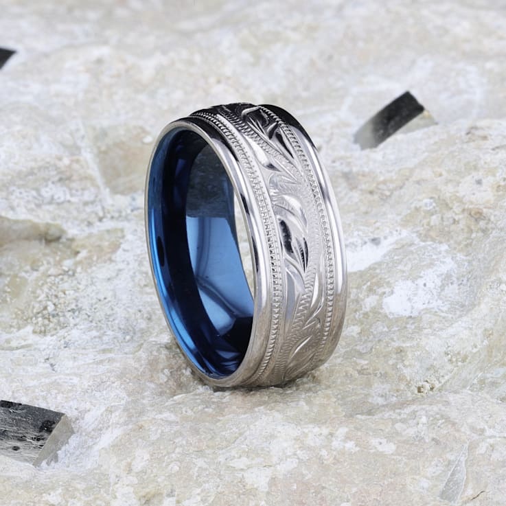 MARINER Titanium Milgrain Engraved Finish Men 's Wedding Ring with Blue
Plating Inside 8mm