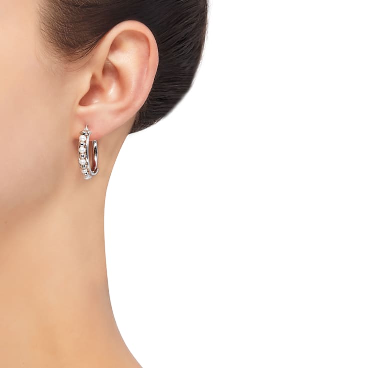 3-3.5mm Round White Freshwater Pearl and Sterling Silver Beaded Hoop Earrings