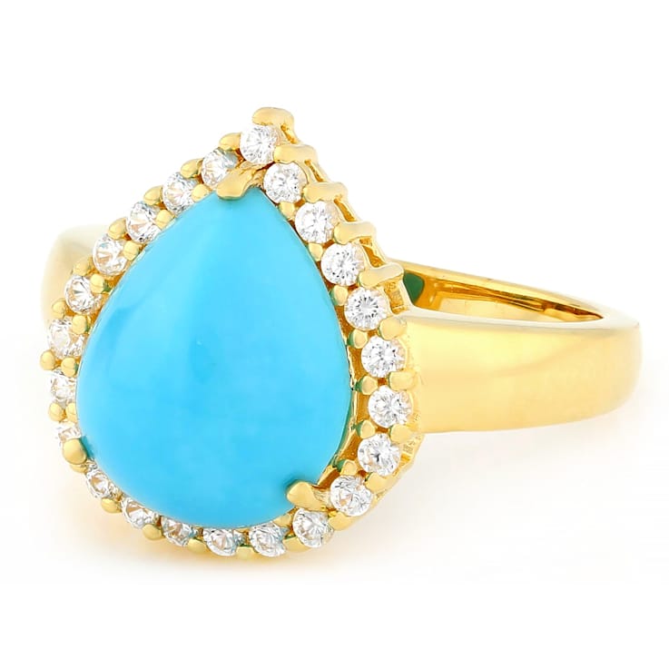 Turquoise Pear And White Zircon Ring In 18K Gold Over Sterling Silver 0.41ctw