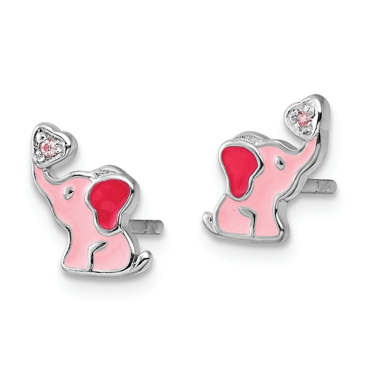 Rhodium Over Sterling Silver Pink Enamel and Cubic Zirconia Elephant
Children's Post Earrings
