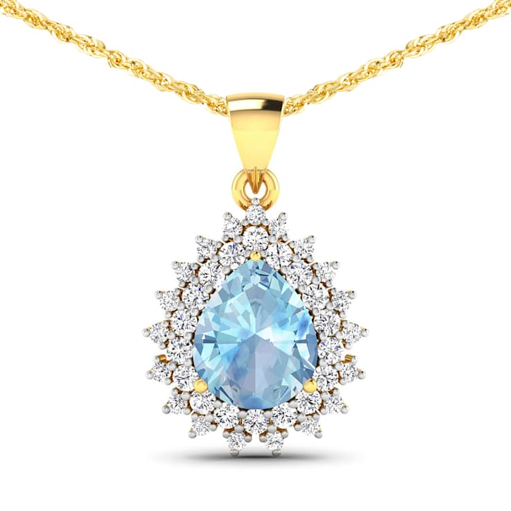 2.30ctw 14K Yellow Gold Pear  Aquamarine and White Diamond Pendant with
18 inch Cable Chain