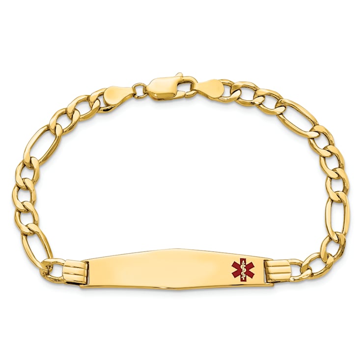 14k Yellow Gold Medical Soft Diamond Shape Red Enamel Figaro Link ID Bracelet