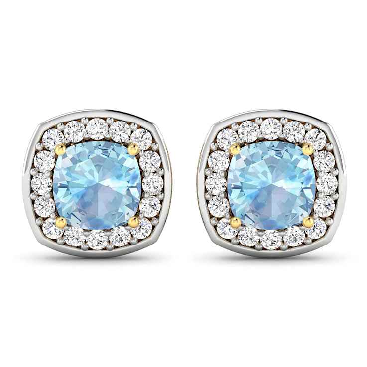 1.50ctw 14K Yellow Gold Cushion Aquamarine and White Diamond Halo Earrings
