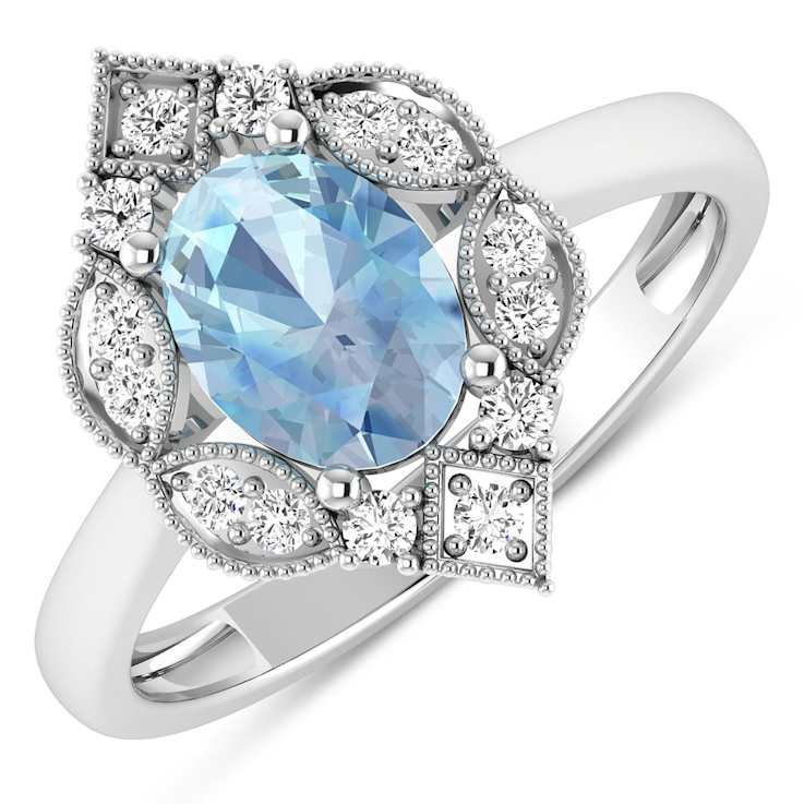 1.16ctw Blue Aquamarine and Diamond 14K White Gold Halo Ring