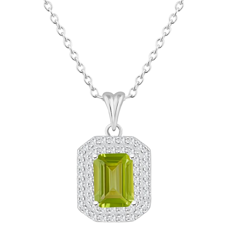 8x6mm Emerald Cut Peridot And White Topaz Rhodium Over Sterling Silver
Double Halo Pendant w/Chain