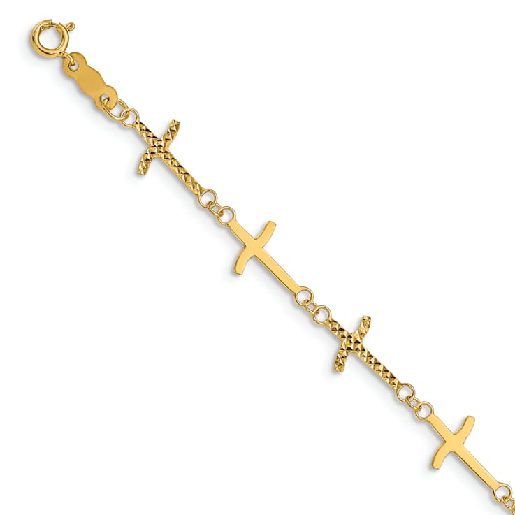 14k Yellow Gold Polished Diamond-Cut Crosses Bracelet