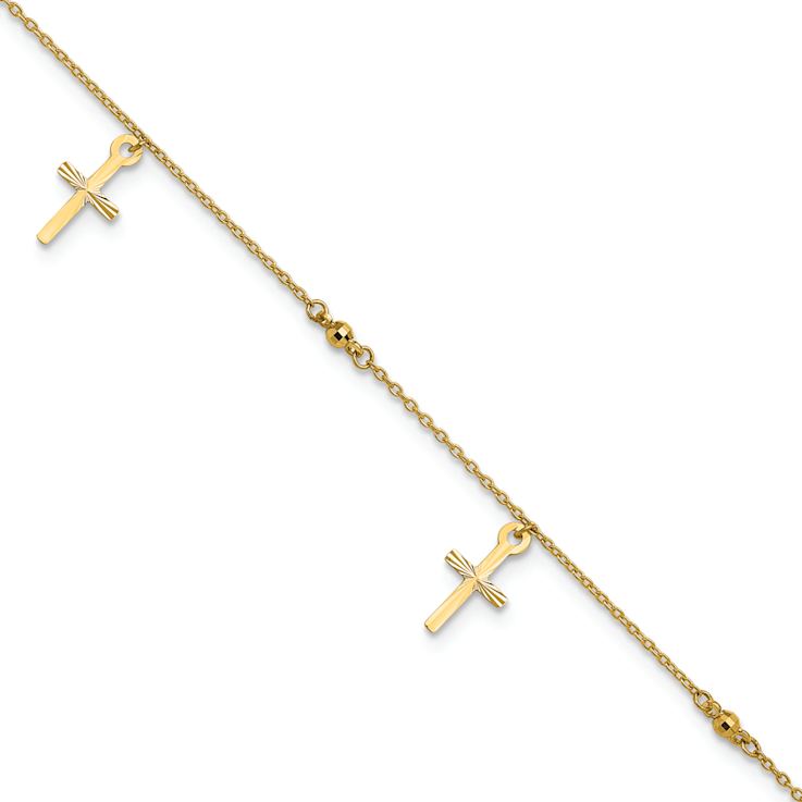 10k Yellow Gold Polished and Textured Cross Charm Cable Link Anklet