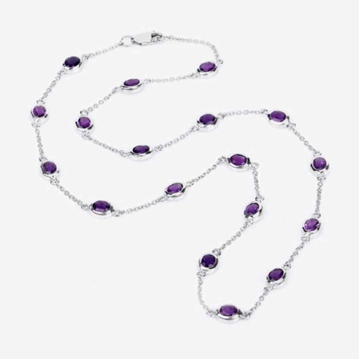 Oval Purple Amethyst By the Yard Rhodium Over Sterling Silver Station
Necklace 6.12ctw