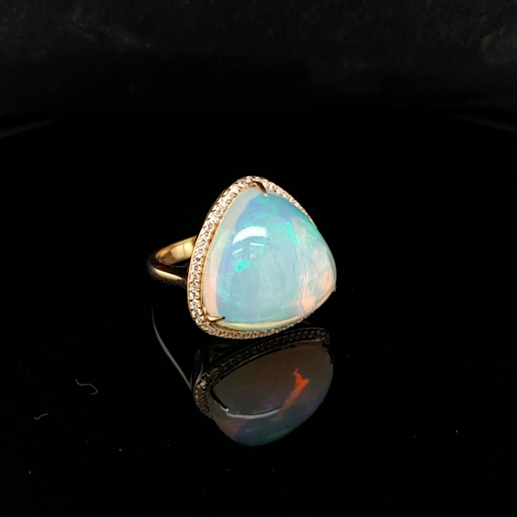 Ethiopian Opal Trillion Cabochon and Round Diamond 14K Yellow Gold Ring, 12.81ctw