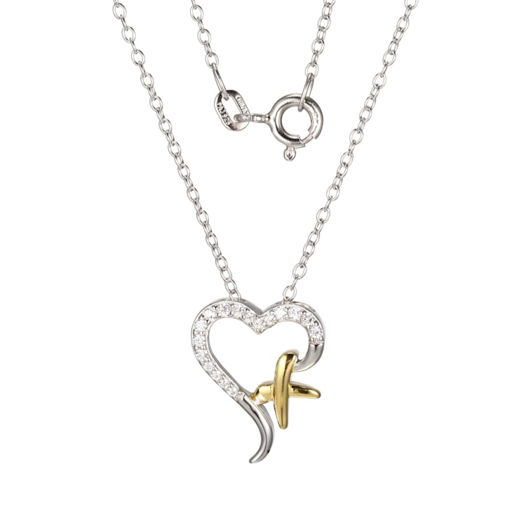 White Diamond Simulant Rhodium and 18k Yellow Gold Over Silver Heart
Pendant 0.21ctw
