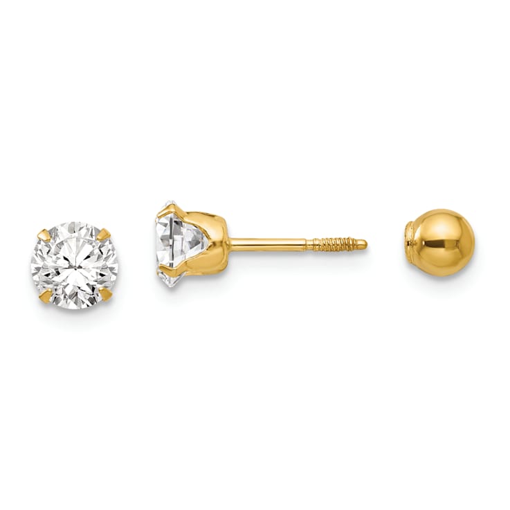 14K Yellow Gold Polished Reversible 5mm Cubic Zirconia and Ball Earrings