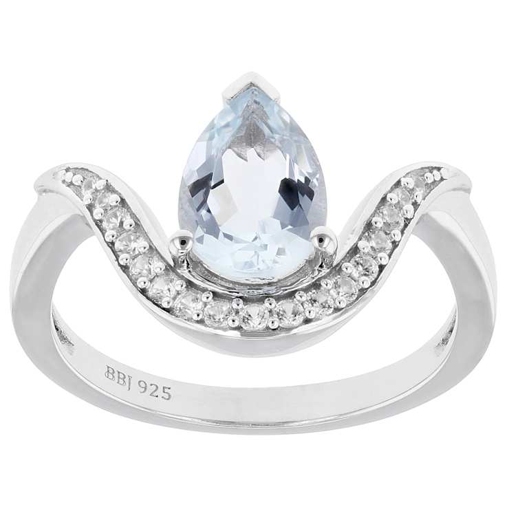 Pear Shape Aquamarine And Zircon Accent Ring In Sterling Silver