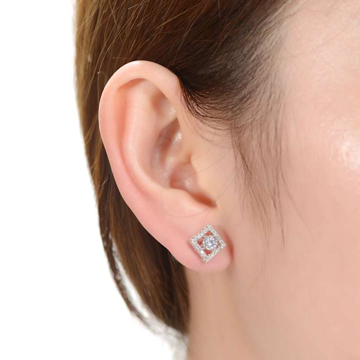 CZ Halo Stud Earrings In White Rhodium Over Brass