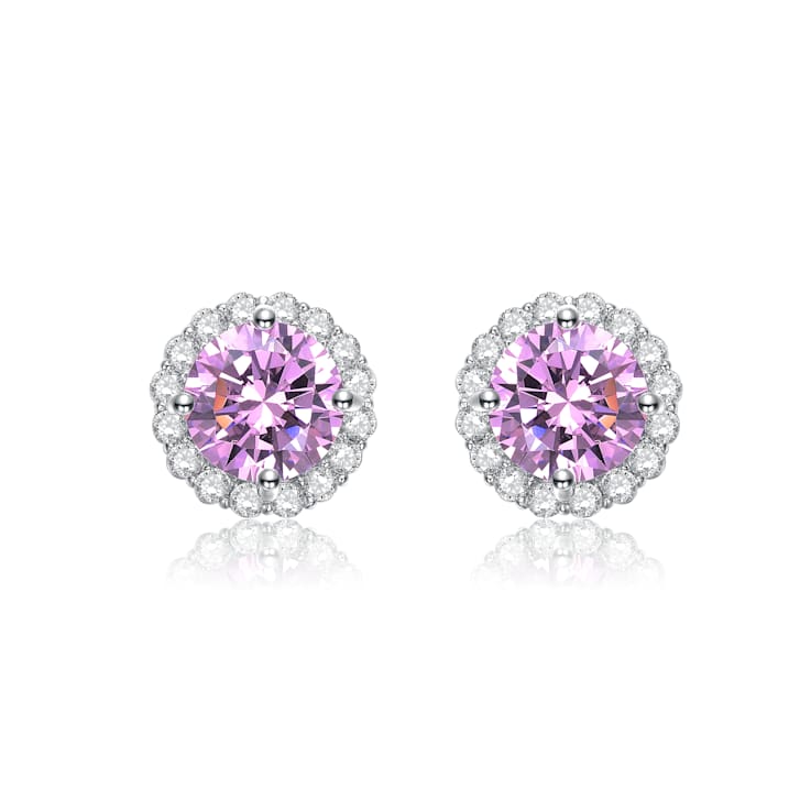 Pink CZ Halo Stud Earrings In White Rhodium Over Brass