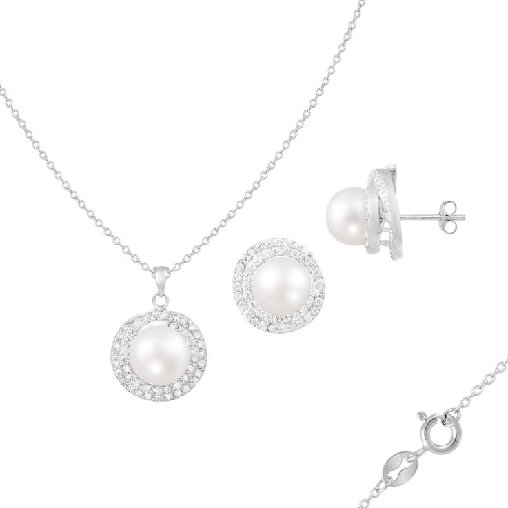8½-9mm Button White Freshwater Pearl and CZ Rhodium Over Sterling
Earring and Pendant W/Chain Set