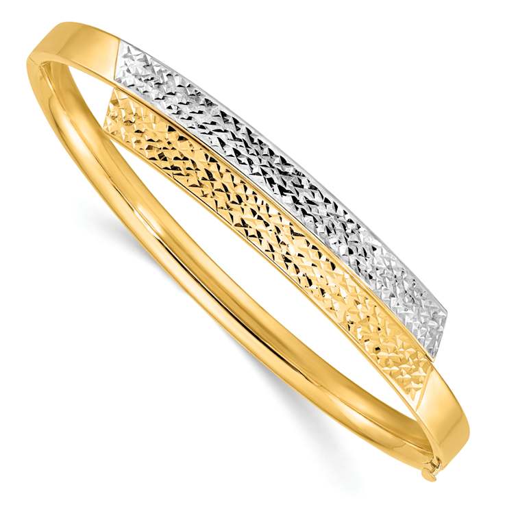 14k Yellow Gold and Rhodium Over 14k Yellow Gold 10mm Diamond-Cut
Overlap Hinged Bangle