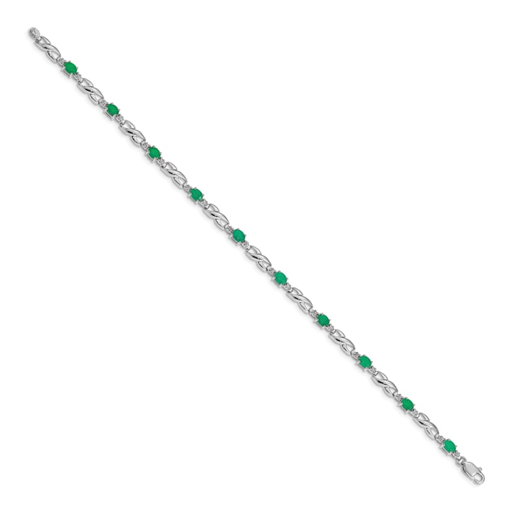Rhodium Over 14k White Gold Diamond and Emerald Bracelet