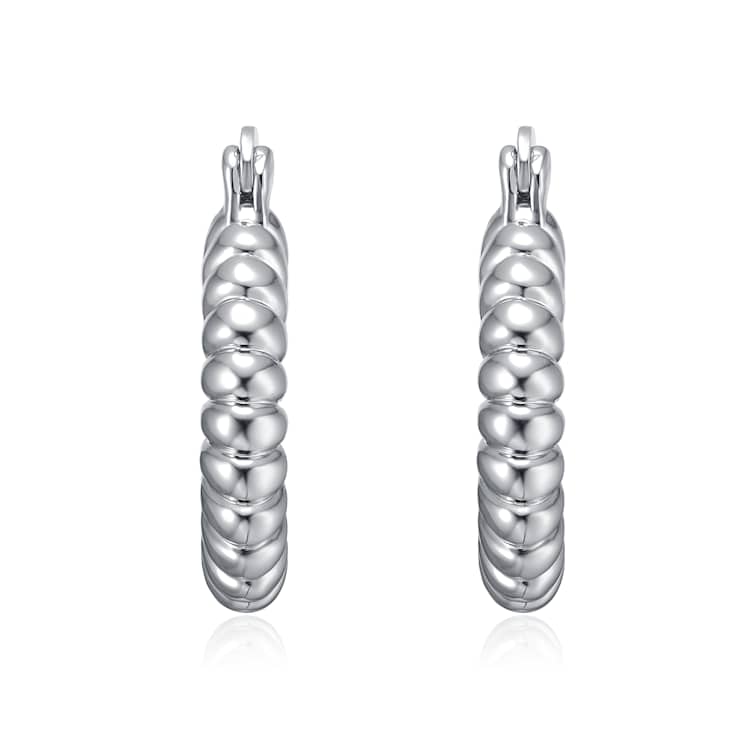 Ribbed Tubular Hoop Earrings In Rhodium Over Brass